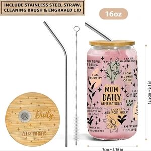 Mom Daily Affirmations Glass Tumbler with Straw
